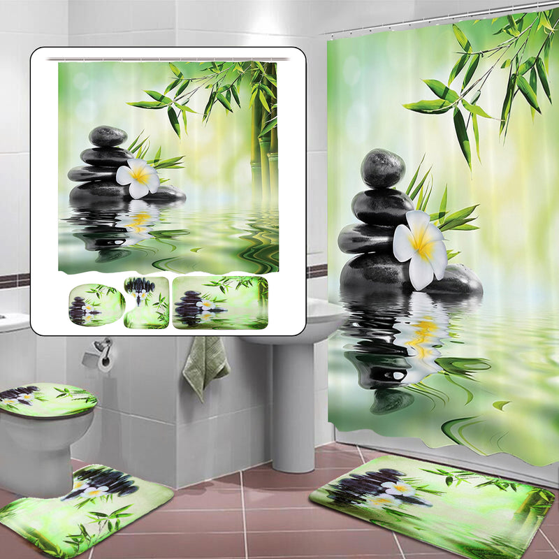 Bamboo Printing Waterproof Bathroom Shower Curtain Toilet Cover Mat Non-slip Carpet