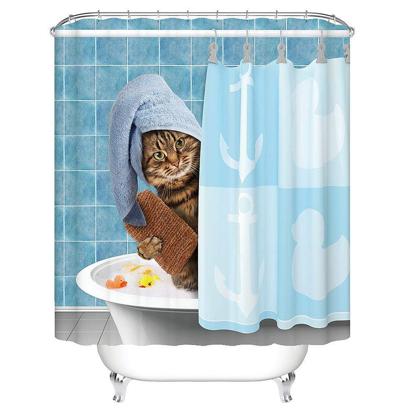 Cat Bathing Bathroom Shower Curtain Waterproof Fabric With 12 Hooks