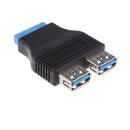 USB3.0 20Pin Motherboard Port Header to 2x USB 3.0 Type-A female Adapter-Black
