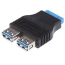 USB3.0 20Pin Motherboard Port Header to 2x USB 3.0 Type-A female Adapter-Black