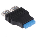 USB3.0 20Pin Motherboard Port Header to 2x USB 3.0 Type-A female Adapter-Black