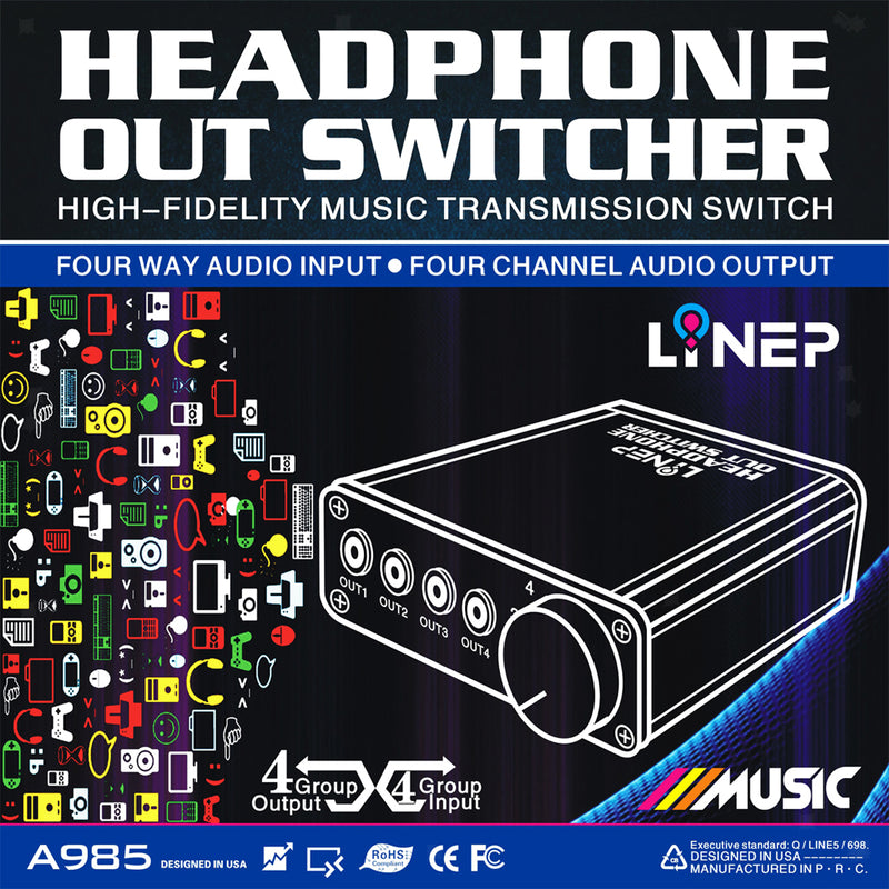 Audio Signal Selector Headphone Audio Output Switch With 4 Inputs And 4 Outputs