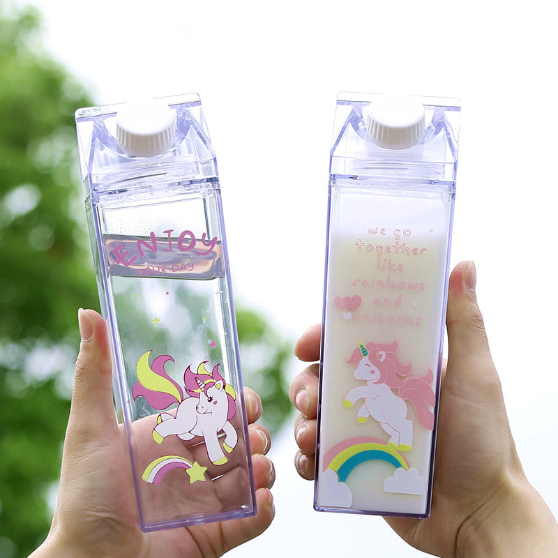 Portable Cup Novelty Milk Carton Shaped Cartoon Unicorn Printed Water Bottle