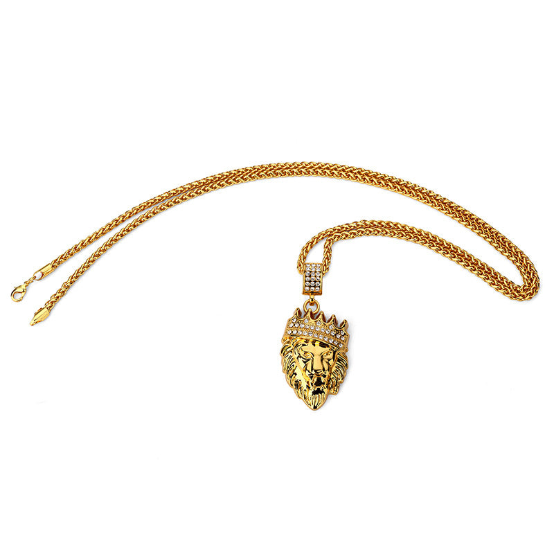 Hip Hop Fashion Gold Chain King Crown Lion Head Pendant Necklace for Men