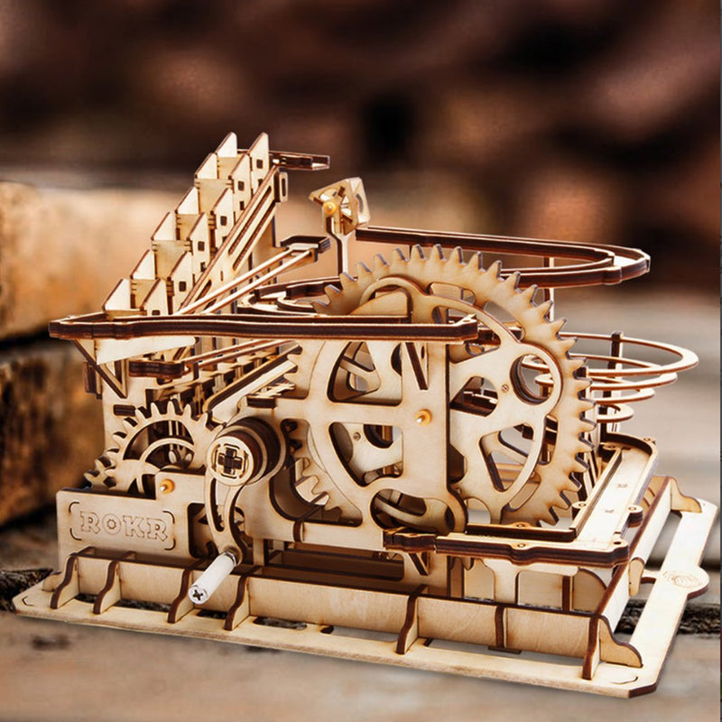 3D Self-Assembly Wooden Marble Run Handcrank Waterwheel Magic Crush Puzzle Building Kits Mechanical Model Gift