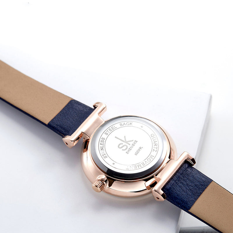 SHENGKE SK K0099 Crystal Radiation Pattern Dial Women Elegant Leather Strap Quartz Watch