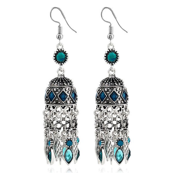Ethnic Silver Earring Tibetan Statement Rhinestones Tassels Vintage Chandelier Ear Drop For Women