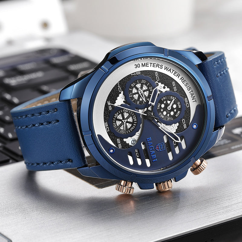 BAGARI 1802P Fashion Men Watch 3ATM Waterproof Week Display Leather Strap Quartz Watch