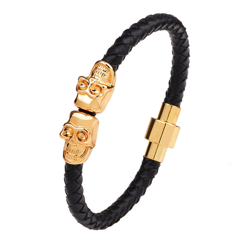 Retro Gold Men's Skull Bangle Bracelet Multicolor Leather Chain Bracelets