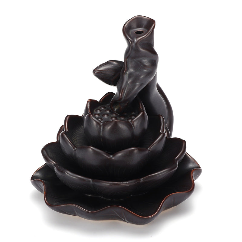 Ceramic Lotus Pond Waterfall Smoke Backflow Cone Censer Incense Burner Holder + 10 Cones