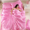 Soft Comfortable Shrink Resistant Solid Color Satin Silk Bedding Duvet Cover+Flat Sheet+Pack of 2PCS Pillow Case FOR 5ft Bed Pink