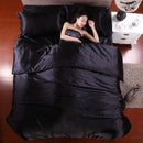 Soft Comfortable Shrink Resistant Solid Color Satin Silk Bedding Duvet Cover+Flat Sheet+Pack of 2PCS Pillow Case FOR 5ft Bed Black