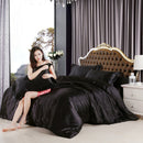 Soft Comfortable Shrink Resistant Solid Color Satin Silk Bedding Duvet Cover+Flat Sheet+Pack of 2PCS Pillow Case FOR 5ft Bed Black
