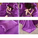 Soft Comfortable Shrink Resistant Solid Color Satin Silk Bedding Duvet Cover+Flat Sheet+Pack of 2PCS Pillow Case FOR 5ft Bed Dark Purple