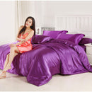 Soft Comfortable Shrink Resistant Solid Color Satin Silk Bedding Duvet Cover+Flat Sheet+Pack of 2PCS Pillow Case FOR 5ft Bed Dark Purple