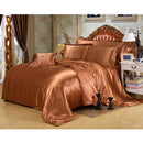 Soft Comfortable Shrink Resistant Solid Color Satin Silk Bedding Duvet Cover+Flat Sheet+Pack of 2PCS Pillow Case FOR 5ft Bed Coffee