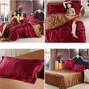 Soft Comfortable Shrink Resistant Solid Color Satin Silk Bedding Duvet Cover+Flat Sheet+Pack of 2PCS Pillow Case FOR 5ft Bed Red