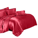 Soft Comfortable Shrink Resistant Solid Color Satin Silk Bedding Duvet Cover+Flat Sheet+Pack of 2PCS Pillow Case FOR 6ft Bed Red
