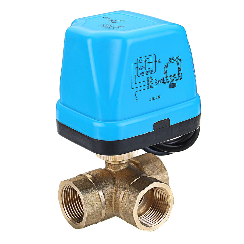 TMOK 1/2" 3/4" 1" Blue Shell 3 Way Motorized Electric Brass T Ball Valve 3 Wire AC 220V Full Port