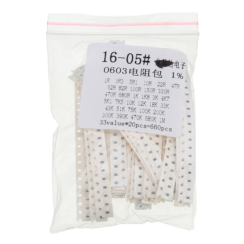 660Pcs 33 Values Each 20 Resistor 0603 SMD Resistor Kit Assorted Kit 1Ohm-1M Ohm 1%