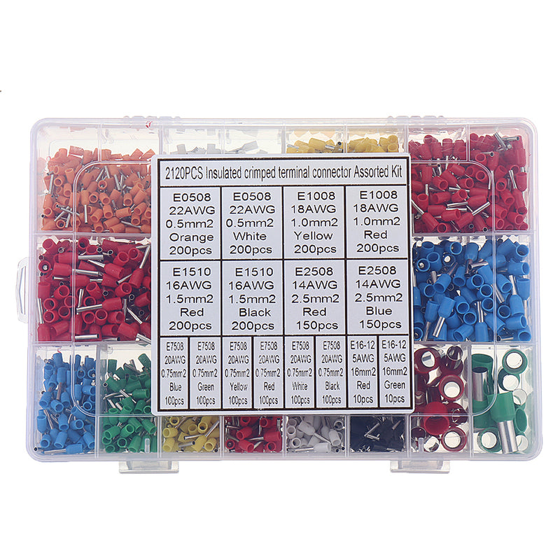 2120pcs Insulated Cord Pin End Terminals Tin-Plated Copper Crimp Connector Ferrules Kit Set For 22-5AWG