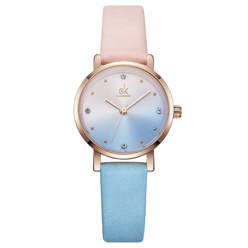SHENGKE SK K8029 Fashion Color Gradient Leather Strap Luxury Women Crystal Dial Quartz Watch