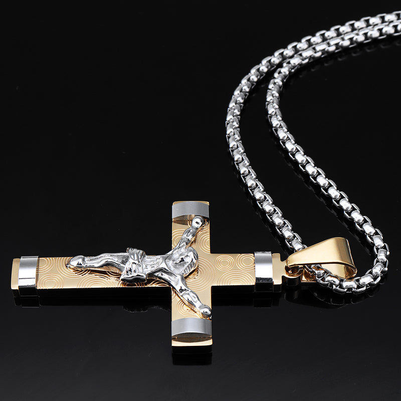 Stainless Steel Christ Jesus Cross Crucifix Patterned Pendant Necklace Chain