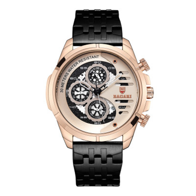 BAGARI 1822G All Dial Work Military Style Stainless Steel Strap Luminous Calendar Men Watch Quartz Watch