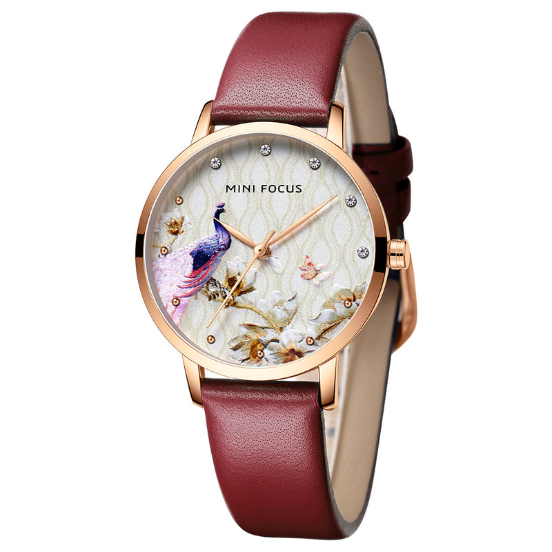 MINI FOCUS MF0330L Fashion Women Peacock Flower Pattern Genuine Leather Quartz Watch