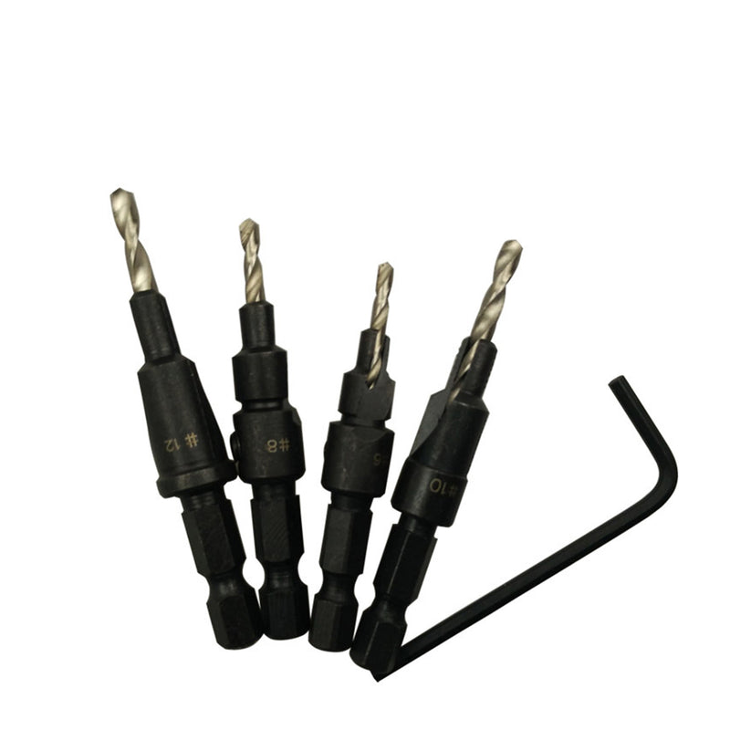 4pcs 6#/8#/10#/12# Hex Shank Carpentry Countersink Drill Bit Set with Wrench Woodworking Tool