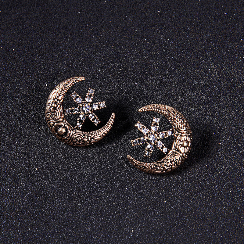 Star-Studded Moon Flower Embossed Earrings Female Retro Style