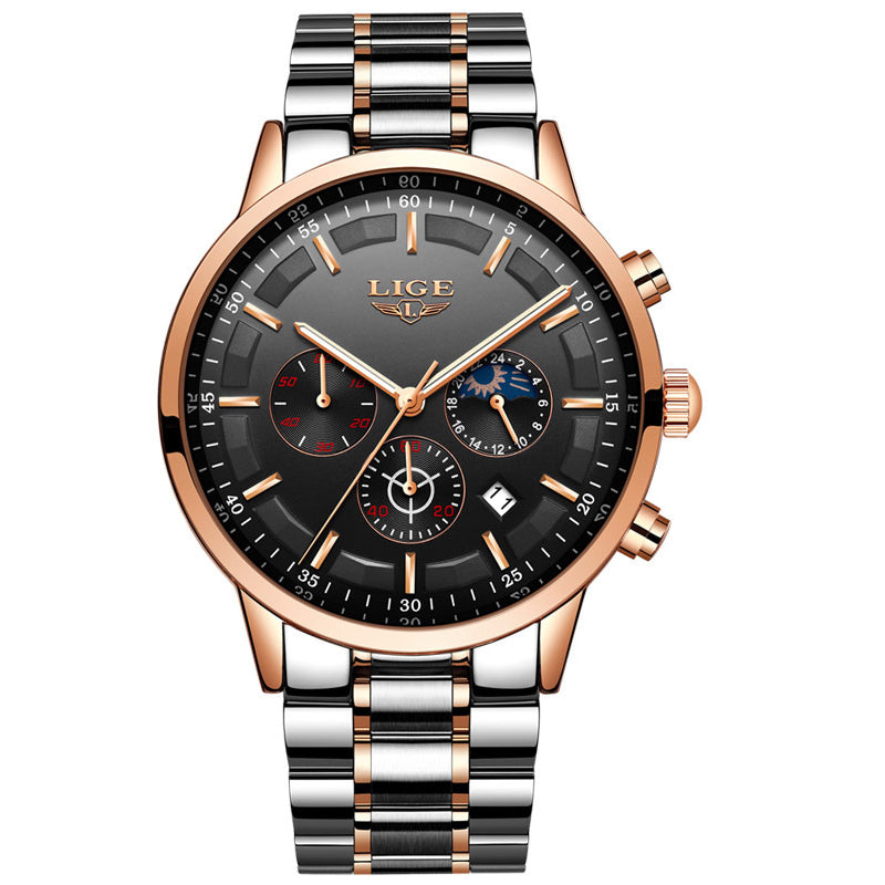 LIGE 9877 Business Style Waterproof Men Wrist Watch Luminous Display Full Steel Quartz Watches