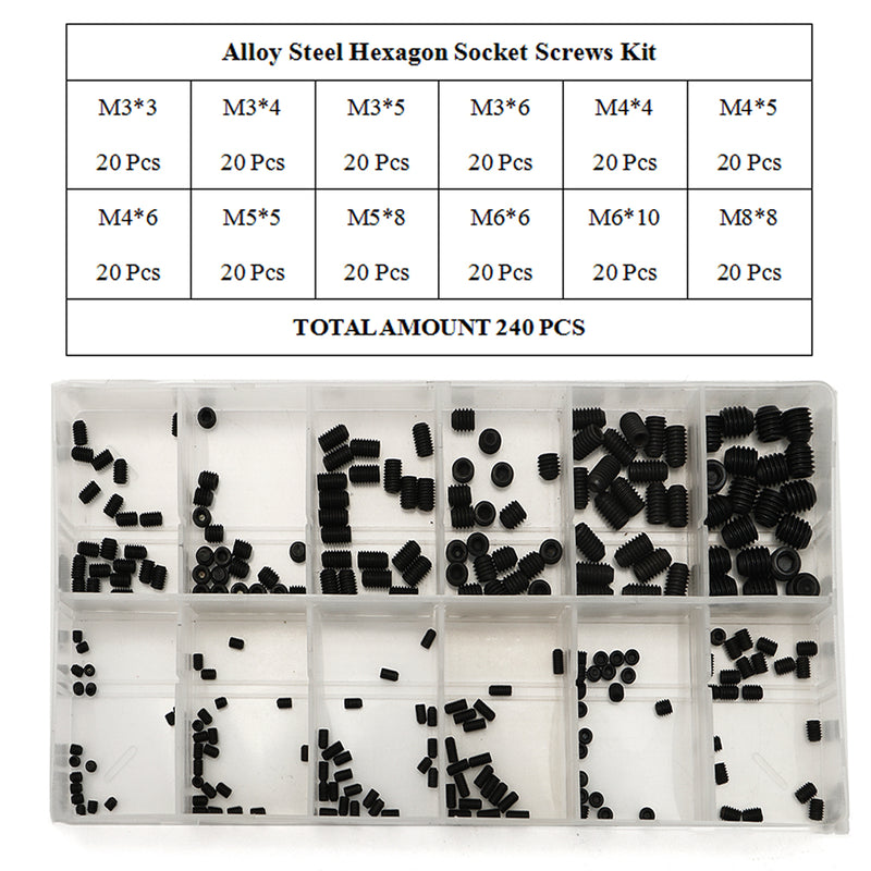 Suleve MXCH1 240Pcs M3-M8 Grub Screw Carbon Steel Hex Socket Allen Head Set Screw