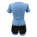 Women Girls Summer Fashionable Outdoor Sportswear Clothing Yoga Training Cycling Running Suit Set Short-sleeved Top Short Blue M