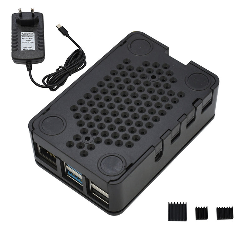 Updated ABS Enclosure Box V4 Case+5V/3A EU Standard Plug Power Supply+3*Black Heat Sink Set for Raspberry Pi 4