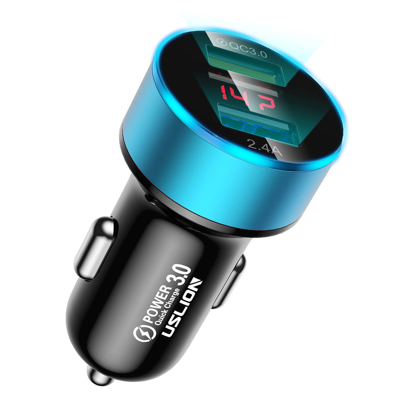 USLION QC 3.0 LED Display Universal Dual USB 24V 3A Quick Fast Charging Metal Car Charger Adapter for iPhone11 for Samsung S10+ Xiaomi Redmi Note8 Tablet