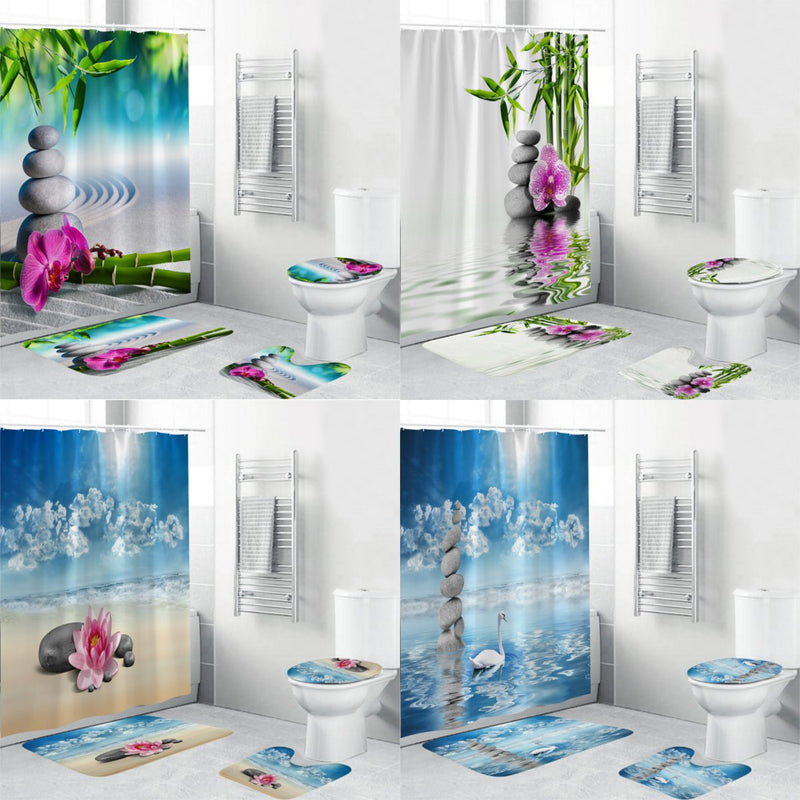 4Pcs Shower Curtain Waterproof Home Bathroom Bath Mat Set Rug Toilet Lid Cover !