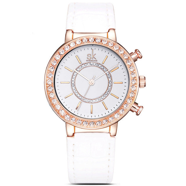 SK K0012 Diamonds Gold Case Moden Women Wrist Watch Gift Leather Strap Quartz Watches