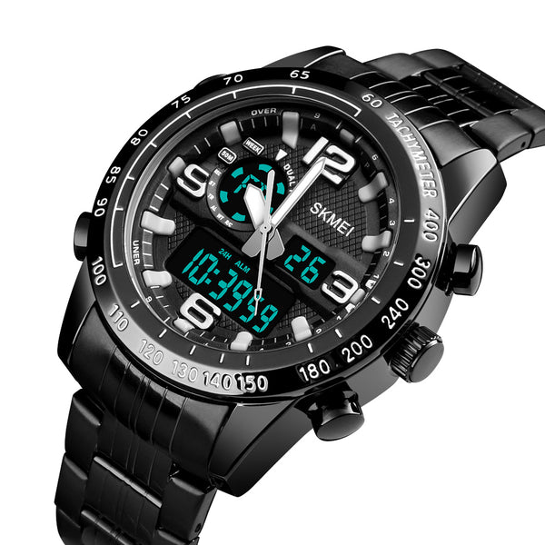 SKMEI 1453 Luxury Men Stopwatch Calendar Sport Stainless Steel Dual Disaplay Digital Watch