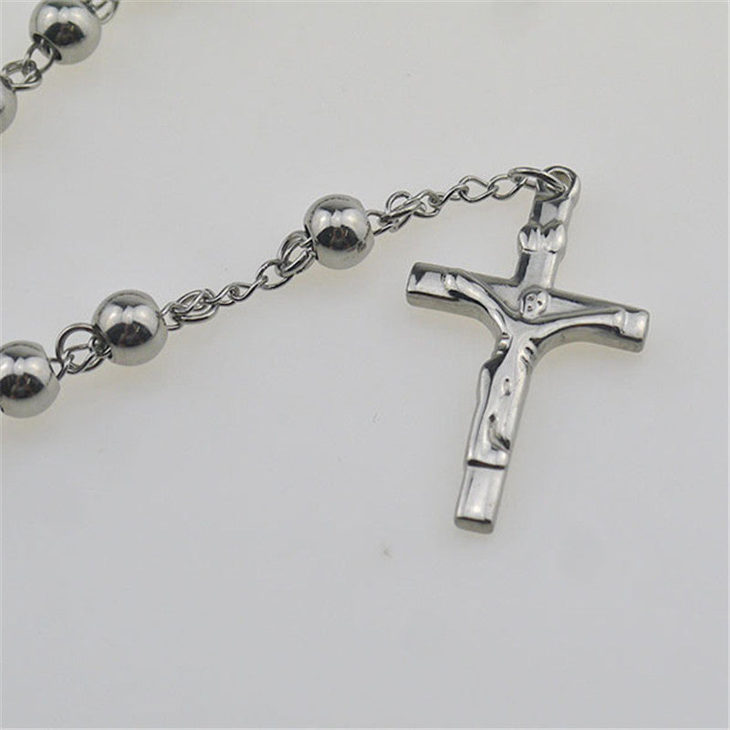 4/5/6/8mm Silver Tone Crossed Pendant Stainless Steel Bead Chain Jesus Christ Rosary Long Necklace Mens Womens Jewelry