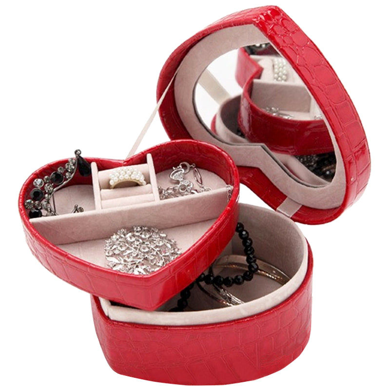 PU Heart Shaped Leather Jewelry Box Double Layers With Mirror for Earrings Necklace Rings