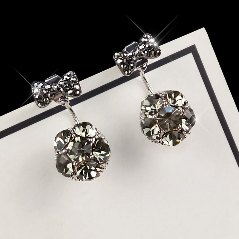 Sweet 925 Sterling Silver Earrings Full Rhinestone Bowknot Ball Stud Earrings for Women