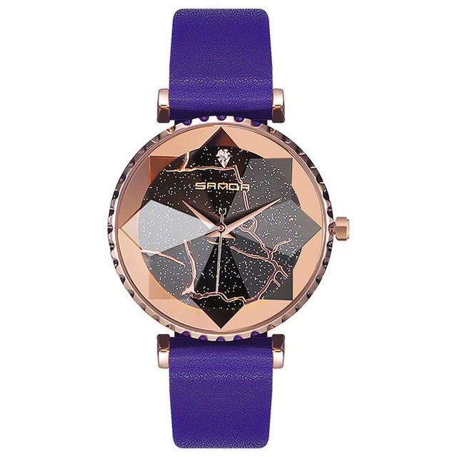 SANDA P231 Women Fashion Star Transparent Dial Leather Band Quartz Watch