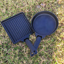 Lightweight 2-Piece Square & Round Cast Iron Skillet/ Fry Pan Set with Storage Bag Camping Picnic Fishing Outdoor