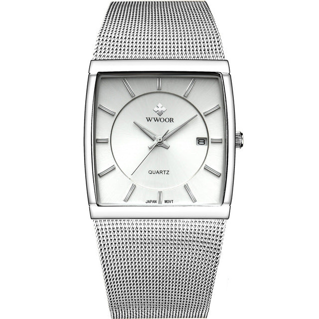 WWOOR 8831 Square Dial Luminous Display Men Wrist Watch Mesh Steel Calendar Quartz Watch