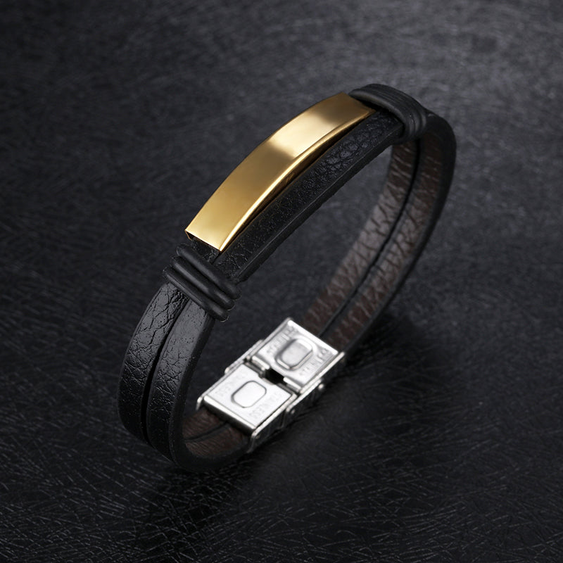Double Black Stainless Steel Men's Leather Bracelet