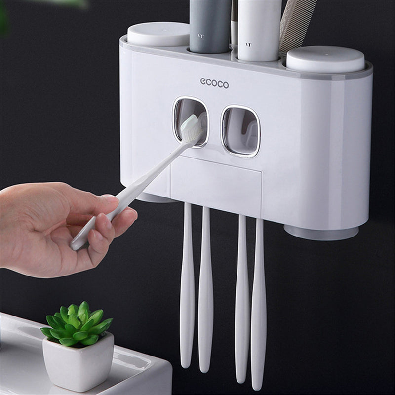 Automatic Toothpaste Squeezer Dispenser 5 Toothbrush Holder Wall Mount Stand Set Bathroom