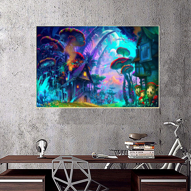 24x36'' Psychedelic Mushroom Town Art Print Fabric Silk Poster Wall Home Decorations