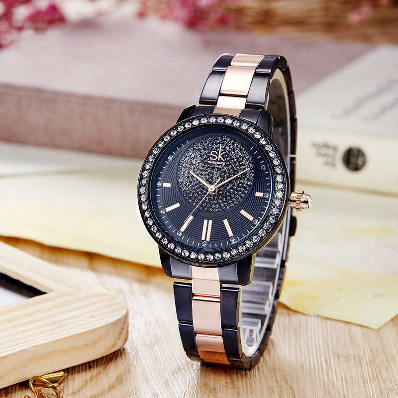 SKENGKE SK K0075 Fashion Women Crystal Ladies Dress Stainless Steel Quartz Watch