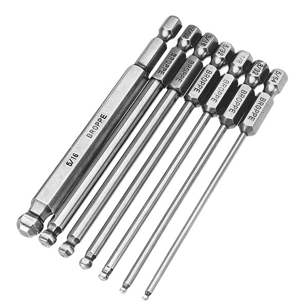 Broppe 7pcs SAE 5/64-5/16 Inch 100mm Magnetic Ball Screwdriver Bit 1/4 Inch Hex Shank